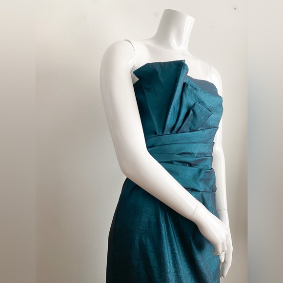 Jessica McClintock Teal Shantung Column Gown Maxi Dress Draped Ruched Wedding 8 - Picture 5 of 8